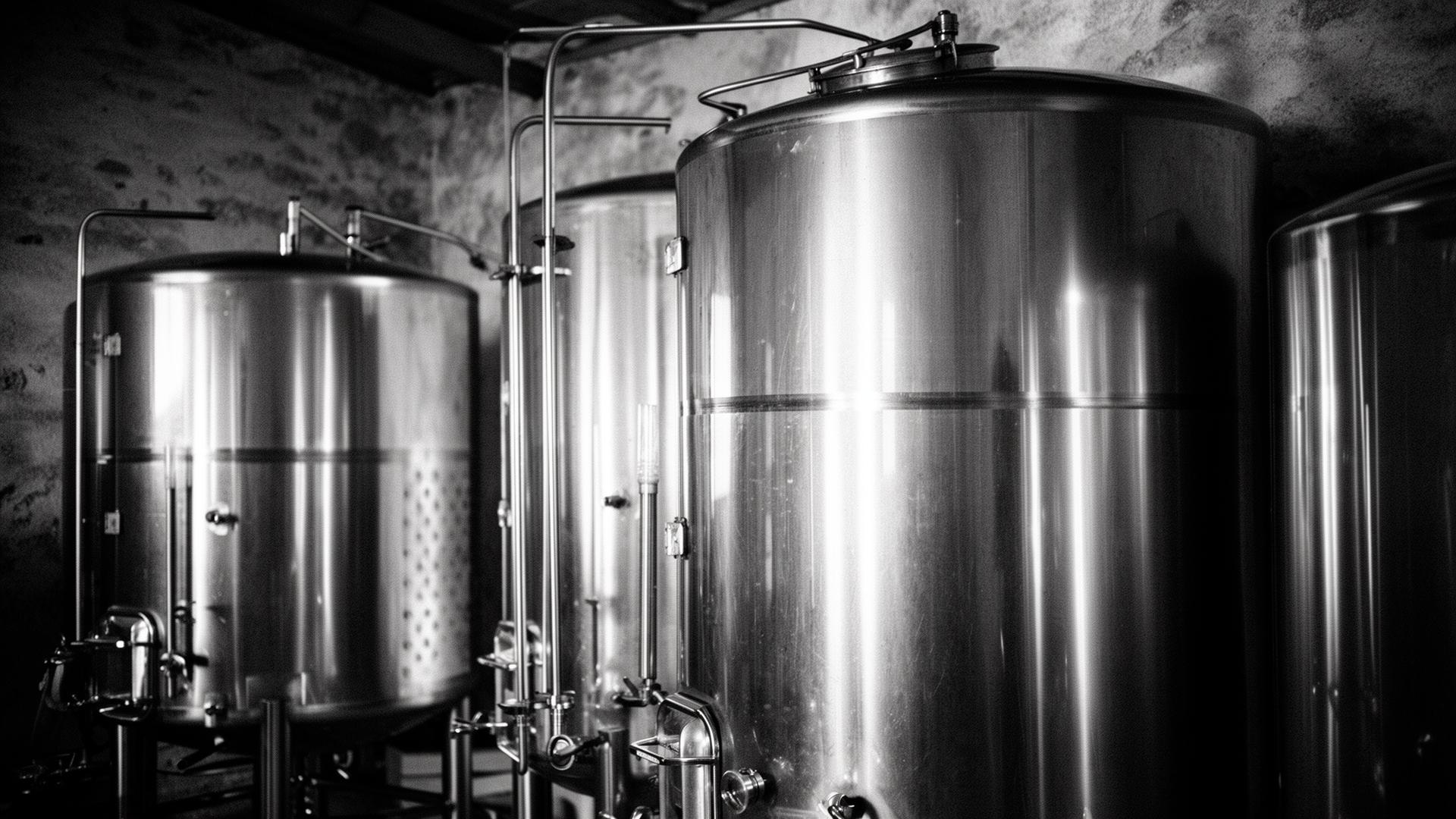 Stainless steel fermentation tanks in a winery cellar